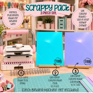 May include: A 3-piece Scrappy Pack set including a pink Cinch wire guide tool, a teal 6.5 x 8.0 inch paper cutting guide, and a lavender 6.5 x 7.85 inch paper cutting guide. The set features text labels and circular instructional guides.