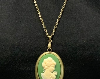 Traditional Olive Green Cameo on antique bronze tray & extra long 31.5” antique bronze chain.