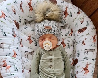Baby grey pom beanie, Newborn knit faux fur pom pom hat, infant pom beanie, beanie cap with pom, winter wool blend cap, coming home outfit