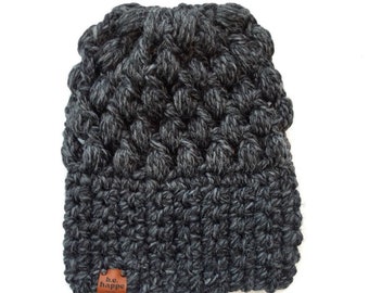 Adult Hand Crochet Chunky Slouch Hat, Womens Charcoal Grey Slouchy Beanie, Crochet Winter Hat Oversized Beanie, Womens Teen Boho Slouch Hat