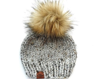 Women’s grey pom beanie, gray chunky knit faux fur pom hat, neutral handmade pom beanie, mommy and me hat set, warm winter wool blend hat