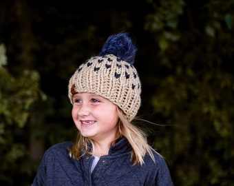Knit heart beanie faux fur pom pom, baby, toddler, children, women's chunky knit heart beanie, warm winter wool blend hat, mommy and me hat