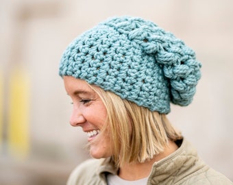 Adult Hand Crochet Chunky Slouch Hat, Womens Blue Slouchy Beanie, Crochet Winter Hat Oversized Beanie, Womens Teen Boho Wool Slouch Hat