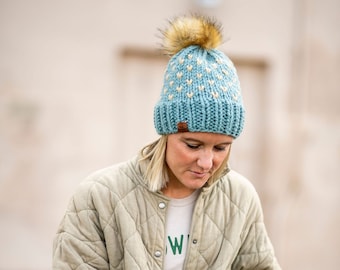 Women’s knit heart beanie fur pom pom, all sizes toddler children chunky knit blue beanie, mommy and me warm winter soft wool blend hat