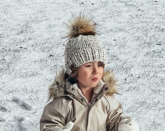 Women’s cream pom beanie, baby toddler children chunky knit beanie, mommy and me hat set, winter wool blend hat, beanie cap with pom