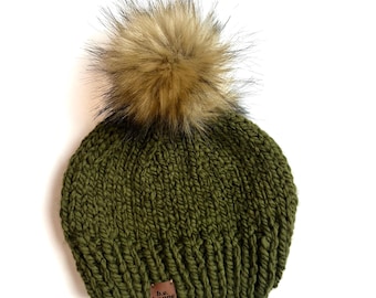 Kids + Baby Green pom beanie, green knit faux fur pom hat, cilantro handmade pom beanie, all sizes winter pom hat, winter wool blend hat