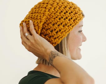 Adult Hand Crochet Chunky Slouch Hat, Womens Mustard Yellow Slouchy Beanie, Crochet Winter Hat Oversized Beanie, Womens Teen Boho Slouch Hat