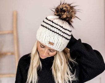 Adult Striped Knit Hat, Black and Cream Pom Beanie, Winter Toboggan, Ivory and Black hat, Striped Knit, Wooly Toque, Neutral womens hat pom