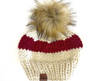 Women’s off white and green pom beanie, Taylor Swift inspired chunky knit faux fur pom hat, red and ecru handmade pom beanie, winter beanie