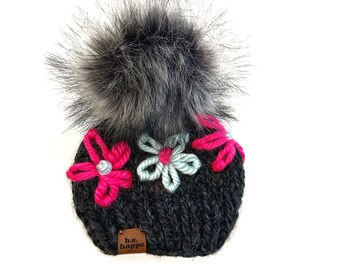 Gray Baby Embroidered Flower Knit Hat, 0-3 month Pom Pom Winter Hat, baby beanie with hand embroidered flower, infant pink winter pom beanie