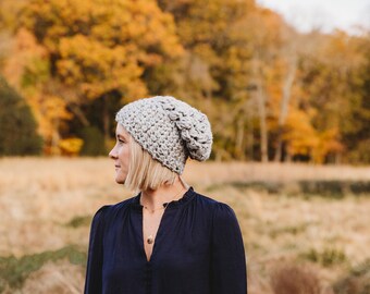women's gray slouchy beanie, chunky slouch beanie, crochet hat for women, gray beanie, oversized beanie, boho beanie style, crochet toque