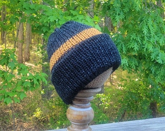 Handmade Knit Mottled Black With Gold Stripes Ladies Men's Adult Beanie Hat