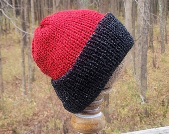 Handmade Knit Red/Mottled Black Ladies Men's Adult Beanie Hat