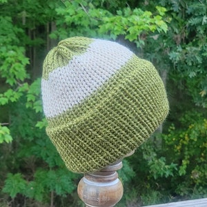 Handmade Knit Medium Green With Wide Beige Stripe Ladies Men&#39;s Adult Beanie Hat (Medium Green Inside)