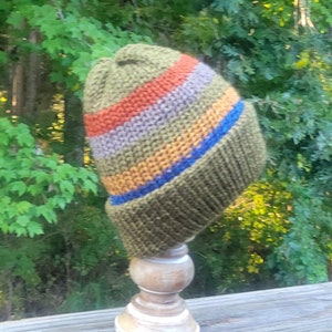 Handmade Knit Deep Olive Green With Rust, Medium Brown, Olive Green, Gold And Blue Stripes Ladies Men&#39;s Adult Beanie Hat ((Olive Inside))