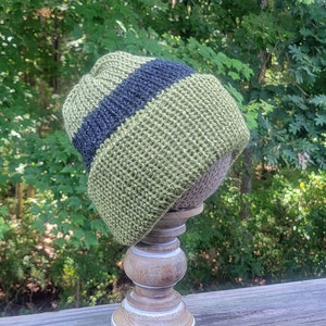 Handmade Knit Medium Green With Wide Black Stripe Ladies Men&#39;s Adult Beanie Hat ((Medium Green Inside))