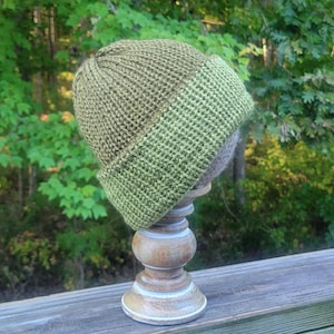 Handmade Knit Olive Green AND Light Green Ladies Men&#39;s Adult Beanie Hat ((Reversible))
