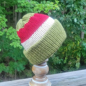 Handmade Knit Green With Wide Red and Beige Stripes Ladies Men&#39;s Adult Beanie Hat