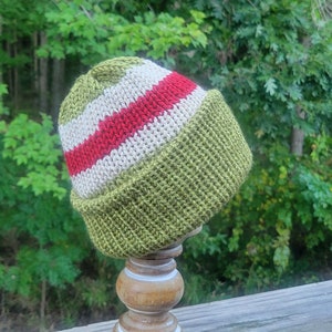 Handmade Knit Green With Two Beige And One Red Stripe Ladies Men&#39;s Adult Beanie Hat