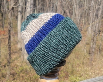 Handmade Knit Mottled Green/Beige/Navy Blue Striped Mens Ladies Adult Beanie Hat (Mottled Green Inside)