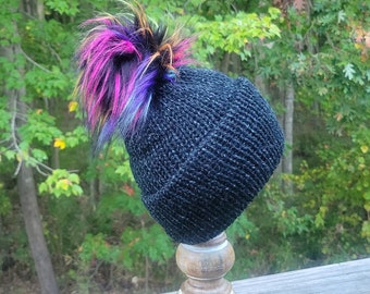 Handmade Knit Black Ladies Men's Adult Beanie Hat With Multi-Colored Pom Pom