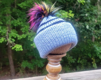 Handmade Knit Light Blue With Two Black Stripes Ladies Adult Beanie Hat With Black/Multicolored Pom Pom