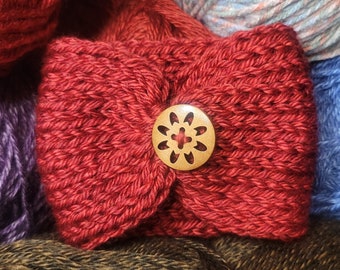 Handmade Knit Red Reusable Cup Cozy With Wooden Button, Cup Sleee, Coffee Cozy