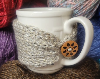 Handmade Knit Beige Reusable Cup Cozy With Wooden Button, Cup Sleeve, Coffee Cozy