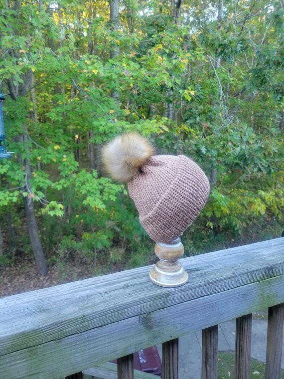 Handmade Knit Tan Ladies Men's Adult Beanie Hat With Tan/cream