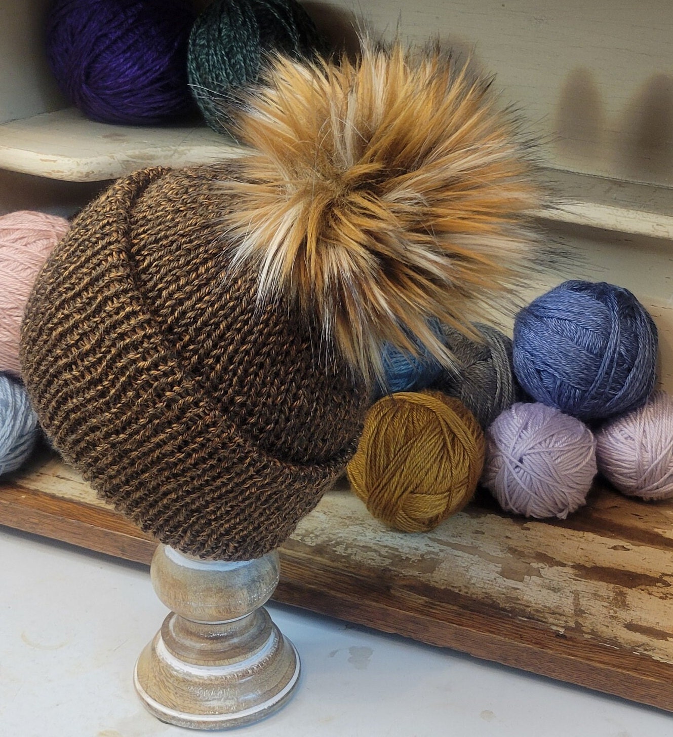 Handmade Unisex New Rust Brown Basket-Weave Pom-Pom‎ Top Knit Beanie - Adult S/M Rust Pom Beanie – Cowkid Clothing Company main image 2