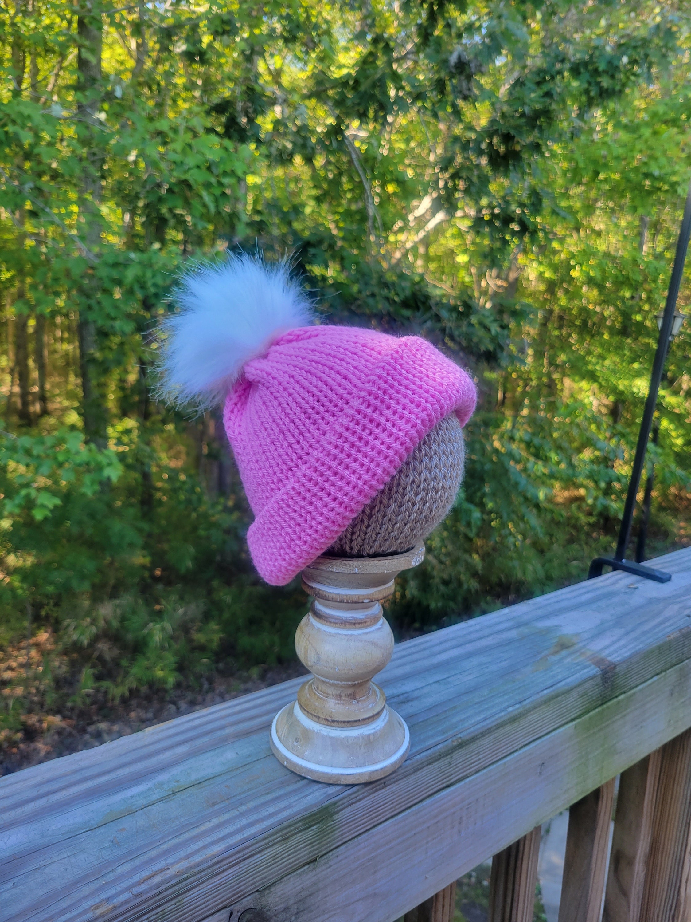Handmade Knit Bright Pink Infant Hat Beanie With White Pom  display picture 3