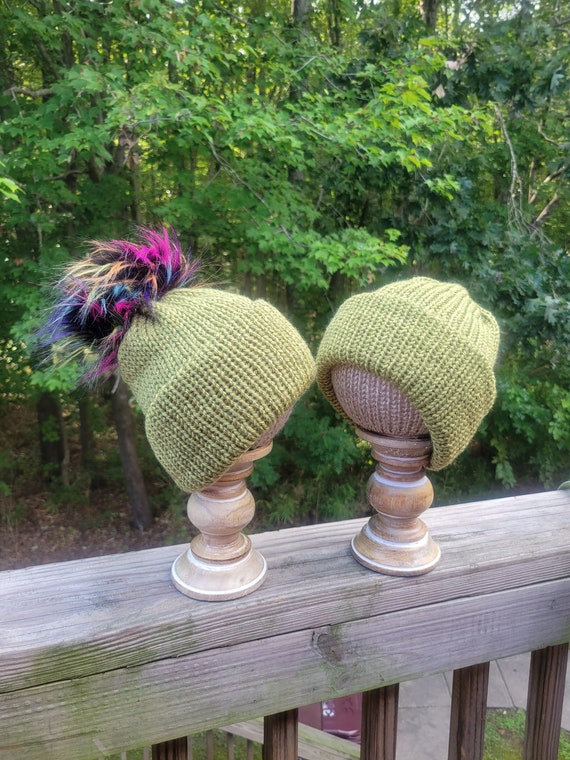Handmade Green Knit Beanie Hat Emerald Green Hat Chunky Knit Pom Pom Beanie Handmade Winter  main image 2
