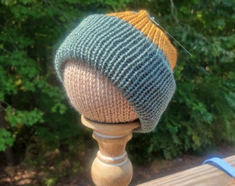 Hand Made Knit Green Gold Mens Ladies Adult Beanie
