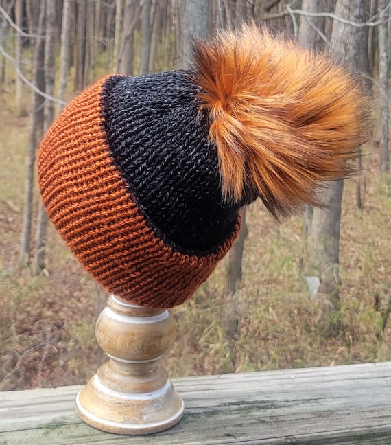 Handmade Knit Mottled Black/Rust Ladies Men's Adult Beanie Hat With  Rust/Black Pom Pom