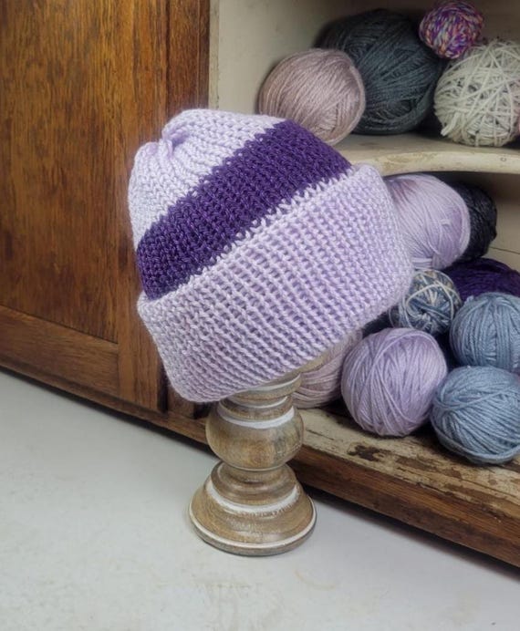 Handmade Purple Knit Beanie Hat Handmade Purple Knit Beanie: Double Layer, Slouchy or Fitted  main image 4