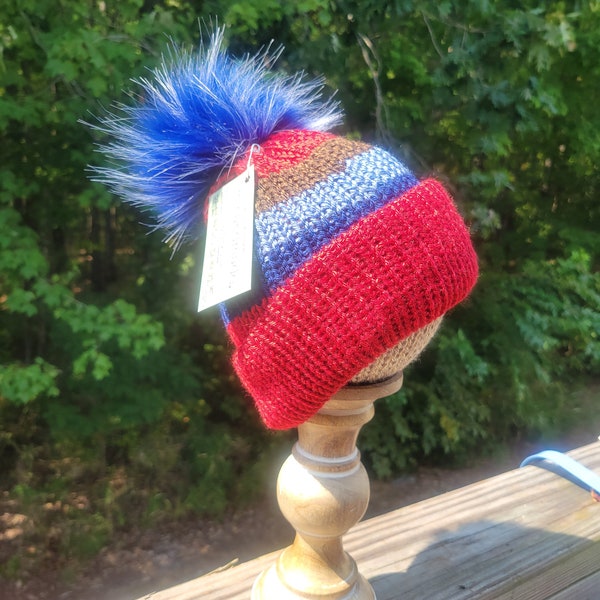 Handmade Red, Navy, Light Blue, Brown Adult Beanie Hat With Blue Pom Pom