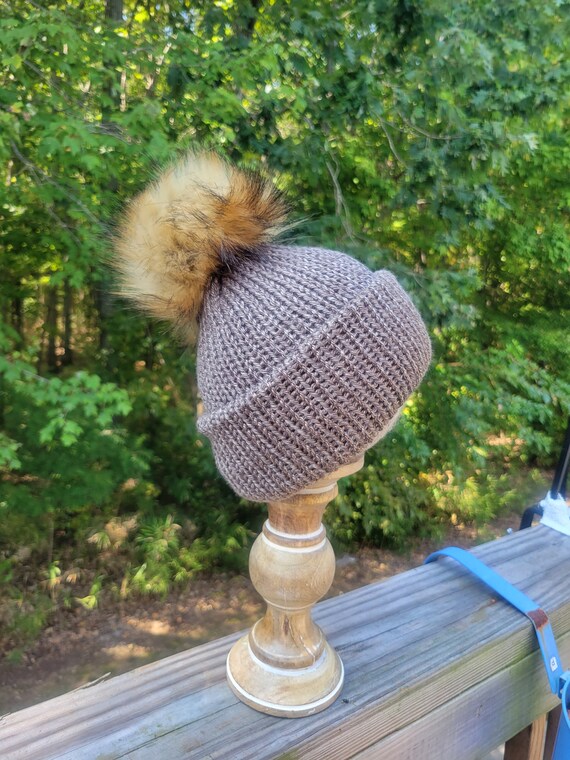 Handmade Knit Brown Adult Beanie With Tan Pom Pom - Etsy display picture 3