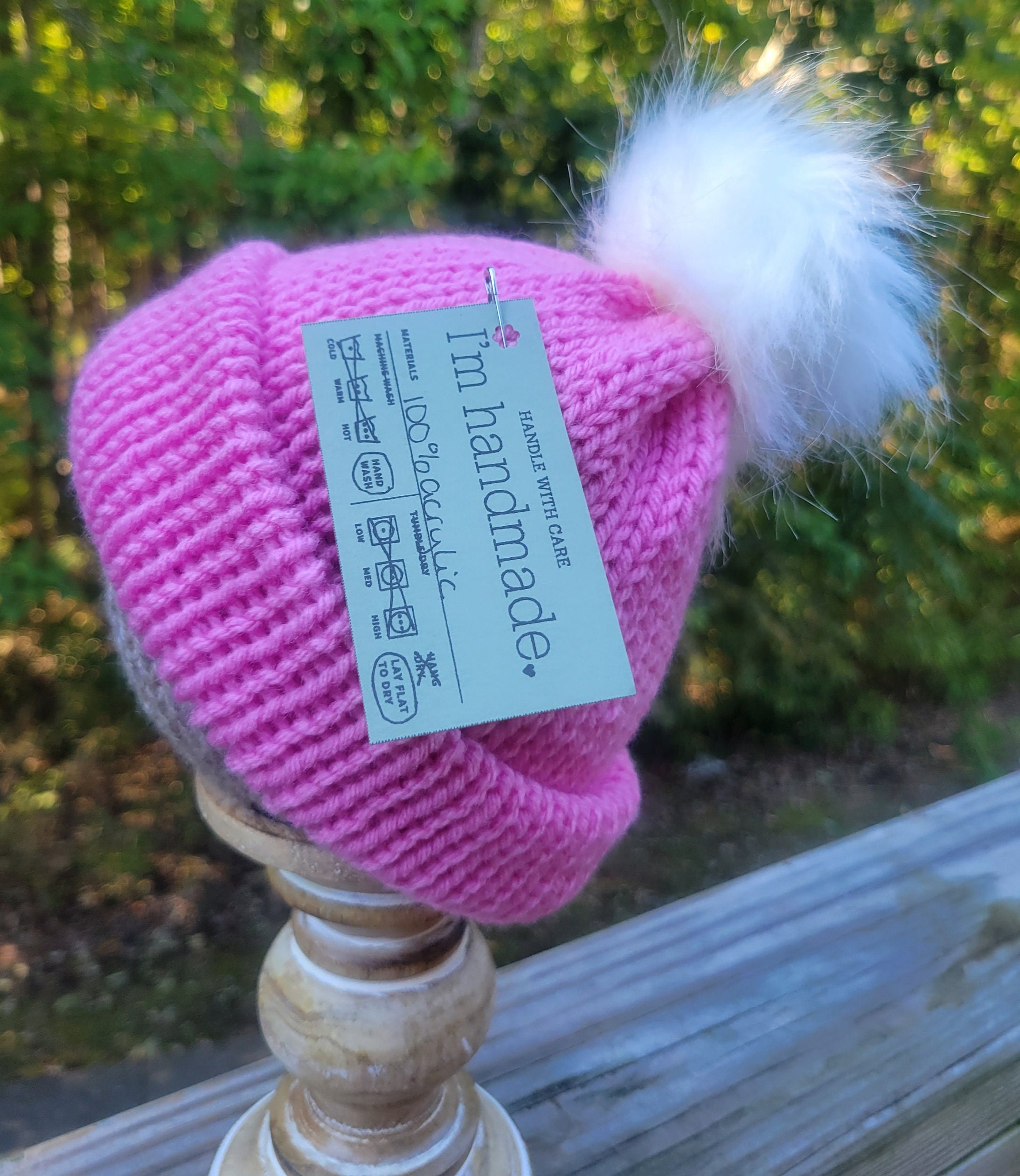 Hand Knit Beanie Style Hat, Pink, White Pom with Pink tips, Artisan Yarn Queen Knit Cashmere Beanie Hat with Finn Raccoon Pom Pom in  main image 2