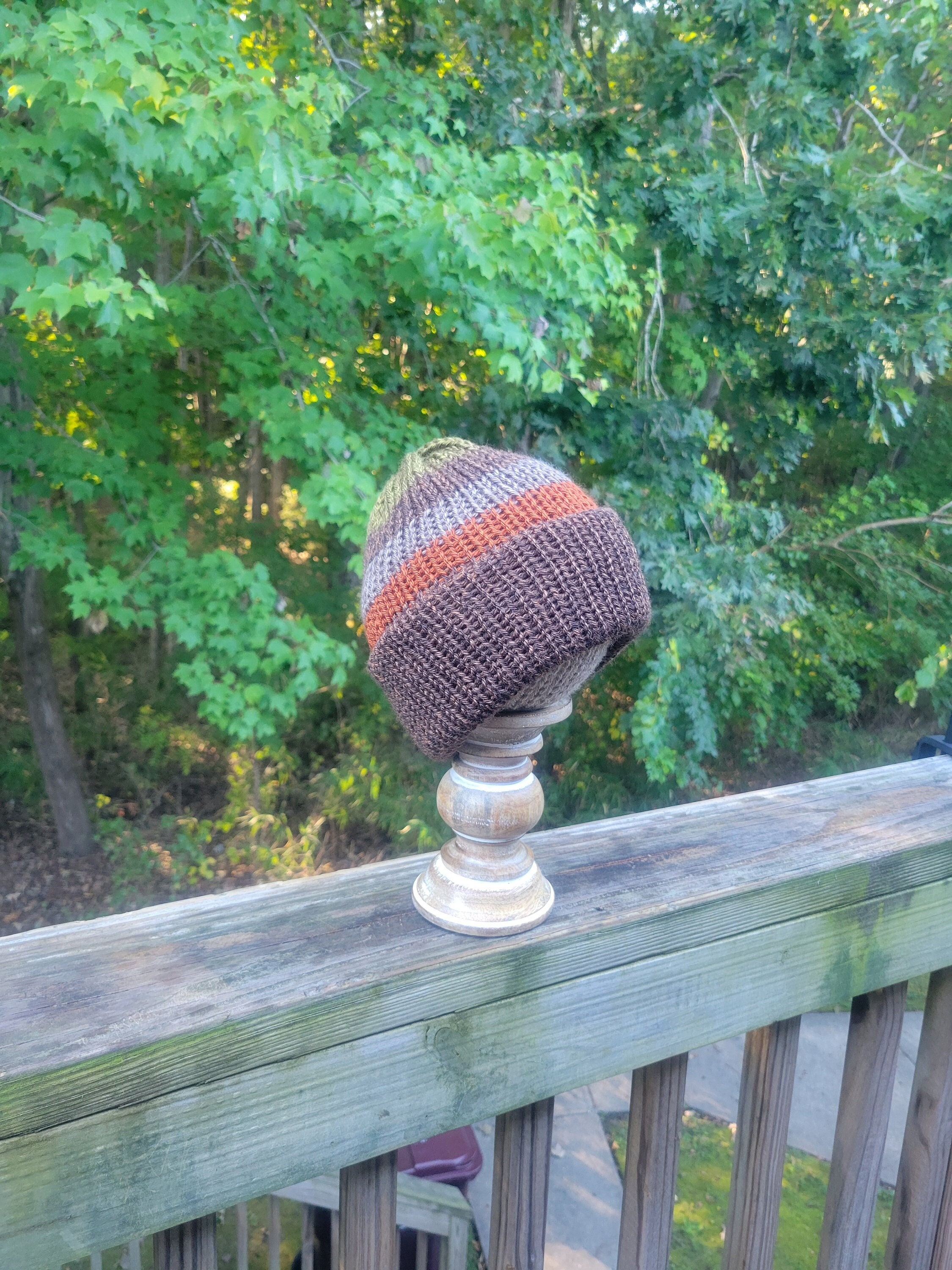 Stylish Brown and Green Knit Hat Thick Knit Striped Beanie main image 4