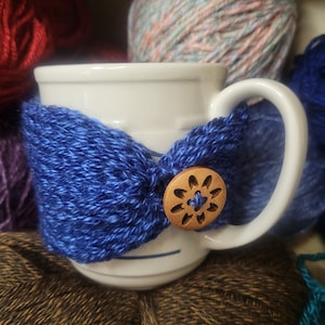 Handmade Knit Blue Reusable Cup Cozy With Wooden Button, Cup Sleeve, Coffee Cozy
