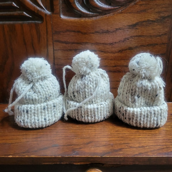 Three (3) Beige Knit Christmas Hat Ornaments With Matching Pom Pom