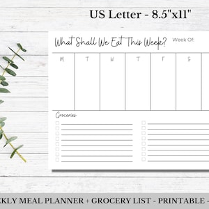 Weekly Meal Planner Printable, Menu Planner, Meal Prep, Grocery List, Meal Template, Digital Download, PDF, US Letter