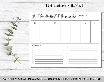 Weekly Meal Planner Printable, Menu Planner, Meal Prep, Grocery List, Meal Template, Digital Download, PDF, US Letter