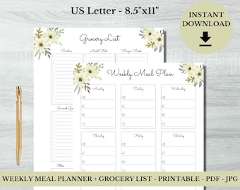 Weekly Meal Planner Printable With Grocery List Printable, Meal Prep, Meal Planner Printable, Meal Tracker, Meal Plan Template, PDF/JPG