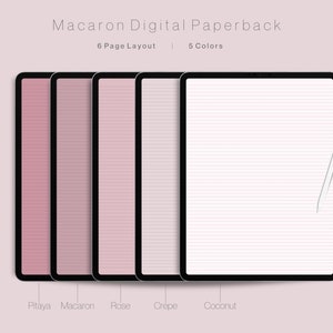 Könnte beinhalten: Digitales Taschenbuch-Design mit 6 Seitenlayouts und 5 Farben. Das Bild zeigt fünf Tablets mit verschiedenen Rosa- und Weißtönen mit linierten Seiten. Die Tablets sind mit Pitaya, Macaron, Rose, Crêpe und Coconut beschriftet. Ein Stift liegt auf dem letzten Tablet.