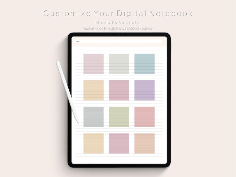 May include: A digital notebook app interface with a selection of neutral colored backgrounds to customize the look. The text on the screen reads "Customize Your Digital Notebook Minimal & Aesthetic Neutral tones to match any notebook/planner".