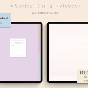 Puede incluir: Un cuaderno digital con cuatro secciones, cada una con una pestaña de color diferente. El cuaderno tiene un fondo morado claro y un borde blanco. Las pestañas están etiquetadas como "Notebook", "Lined", "Grid", "Dotted", "Ruled" y "Blank". El texto "Hyperlinked Tabs!" está en un cuadro azul en la parte superior izquierda de la imagen. El texto "4 Subject Digital Notebook" está en la parte superior central de la imagen. El texto "Bundle 8 Covers Included!" está en un cuadro beige en la parte inferior derecha de la imagen.