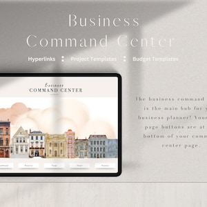Pode incluir: Uma ilustração digital de um horizonte urbano com o texto "Business Command Center" no topo. A ilustração está na tela de um tablet com as palavras "Dashboard, Projects, Team, Goals, Finance" na parte inferior da tela. O texto "The business command center is the main hub for your business planner! Your main page buttons are at the bottom of your command center page." está no lado direito da imagem.