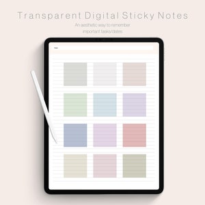 May include: A digital planner with transparent sticky notes in various pastel colors on a tablet screen. The notes are lined and ready for writing. A white stylus is next to the tablet.