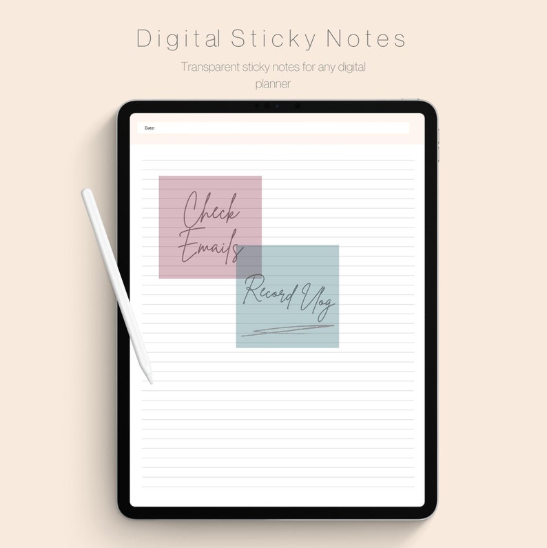 May include: A digital planner with two transparent sticky notes. The top note is pink and says "Check Emails". The bottom note is blue and says "Record Vlog".